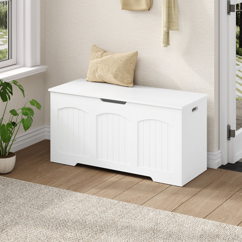 Storage Chest, Wooden Storage Box with Large Capacity, Storage Bench with Security Hinges and Hollow out Side Handles, for Entryway, Bedroom, Living Room, 100 x 40 x 48 cm