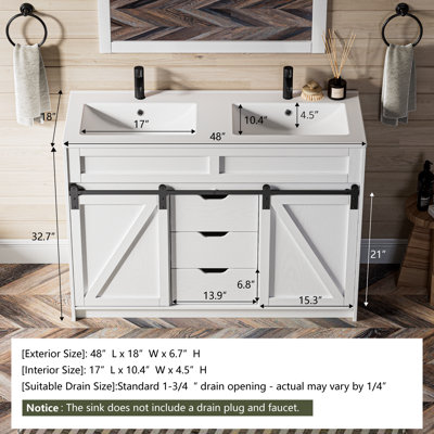 48" Farmhouse Double Sink Bathroom Vanity With Barn Door & Storage Drawers