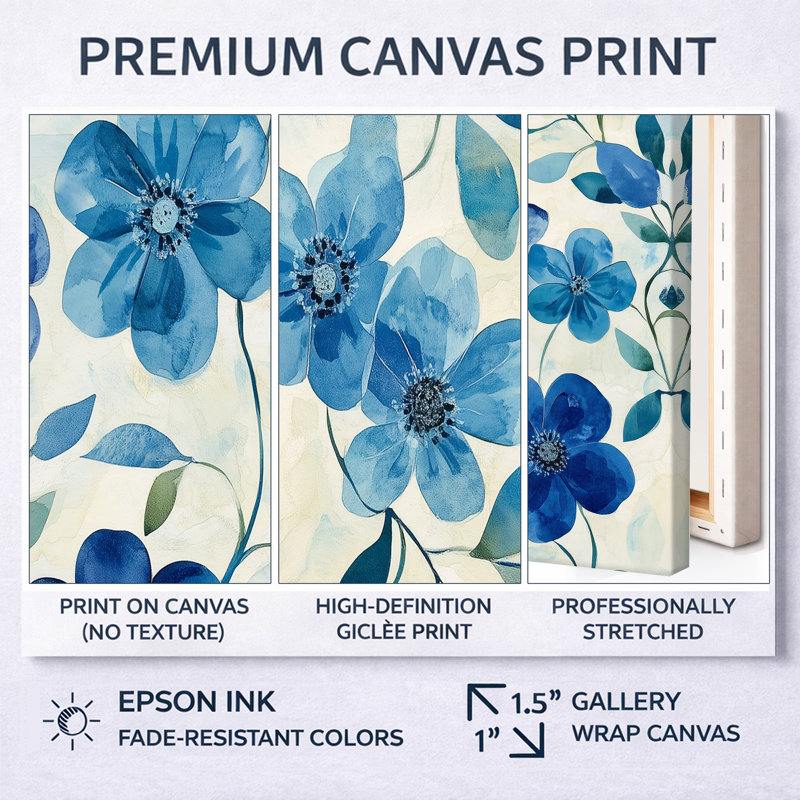 Art mural fleurs bleues sauvages, décor de toile de prairie, Freddie, H 40 po x l 60 po, Toile tendue