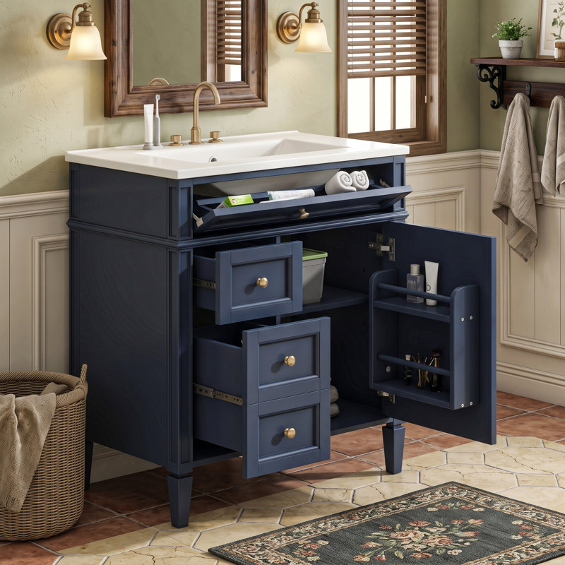 30'' Freestanding Single Sink Bathroom Vanity with Ceramic Top, Blue