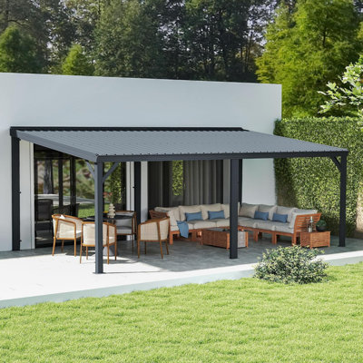 10X14ft Lean To Gazebo, Outdoor Hardtop Wall Mounted Gazebo With Sloping Galvanized Steel Roof, Upgraded Heavy Duty Mounted Shelter With Drainage System For Deck, Porch, Backyard