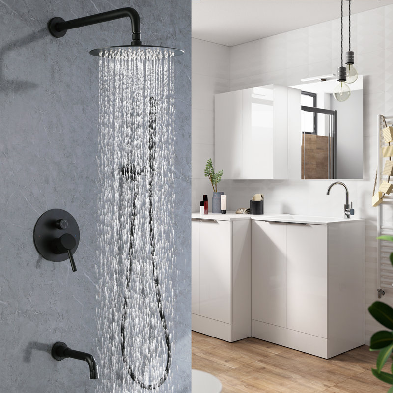 10" Wall Mounted Rainfall Shower System with 360° Rotatable Tub Spout and Handheld Shower, Black