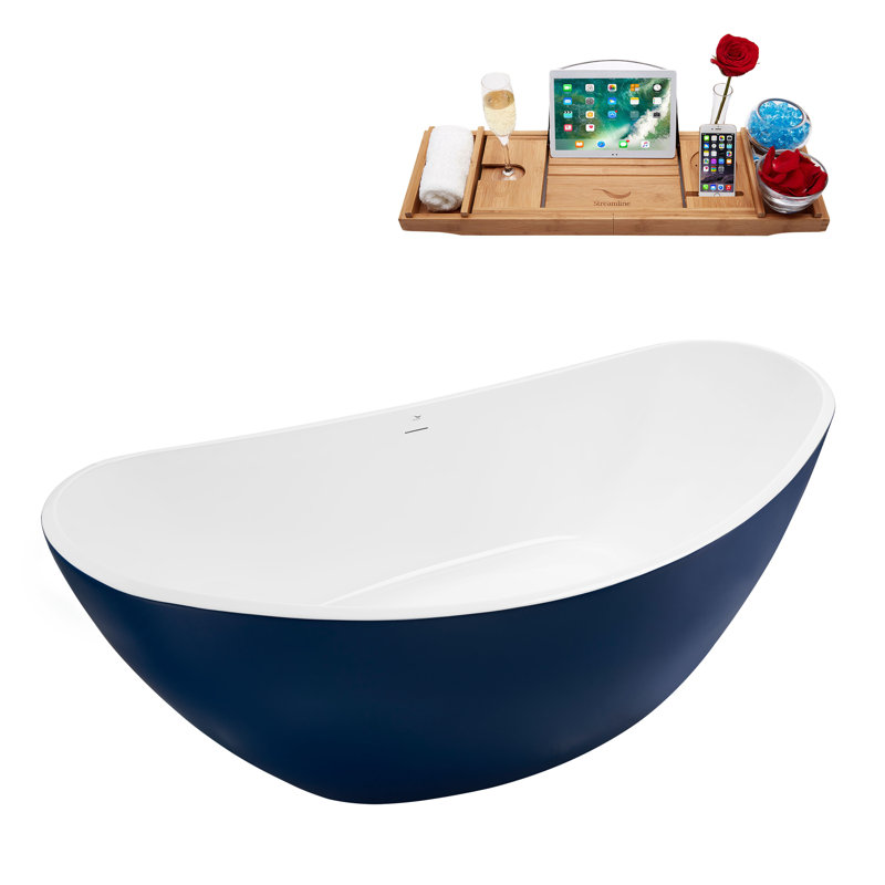 Baignoire de trempage autoportante en acrylique 75 "avec drain et plateau en bambou Streamline, Bronze brossé