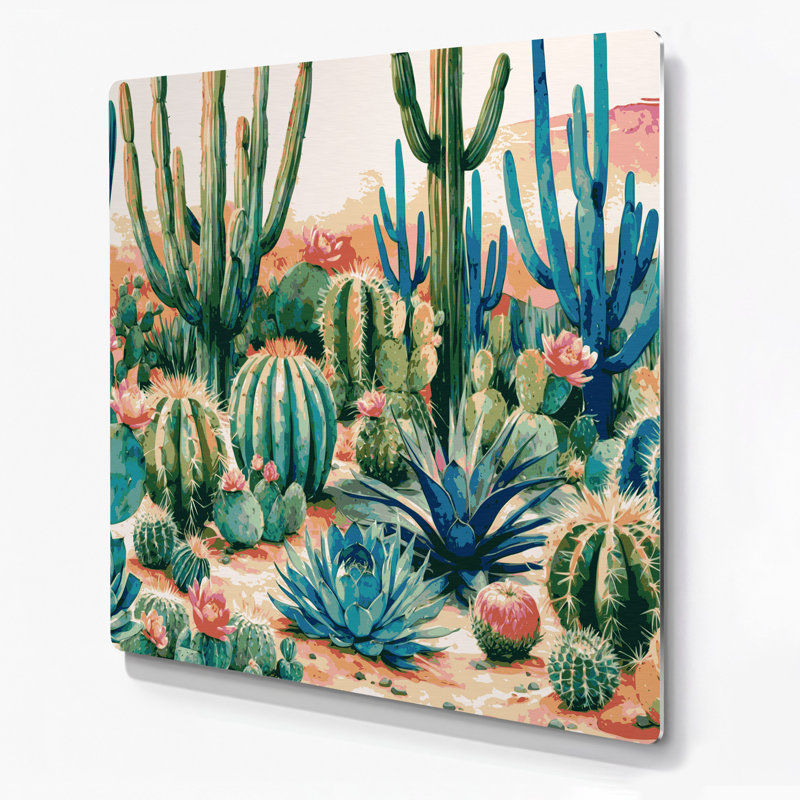 Art mural en métal beige 98 "Southwestern Landscape Cactus Garden", 144" H x 144" W x 0.05" D