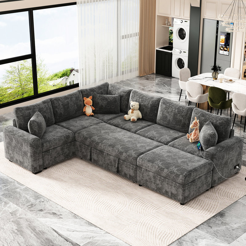 Grey 112.2" Sectional With Pull-Out Bed, Charging Sockets & For Living Space In Storage Functions Area, Grey Chenille