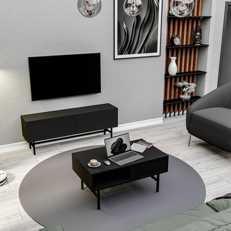 Ensemble de meubles de salon modernes, noir | Meuble télé (54,3 x 19,7 x 11,6 pouces) et table basse (35,4 x 21,3 x 15,6 pouces) | Panneau de particules 100% mélaminé, fixation murale, tablettes multiples pour le rangement et la présentation