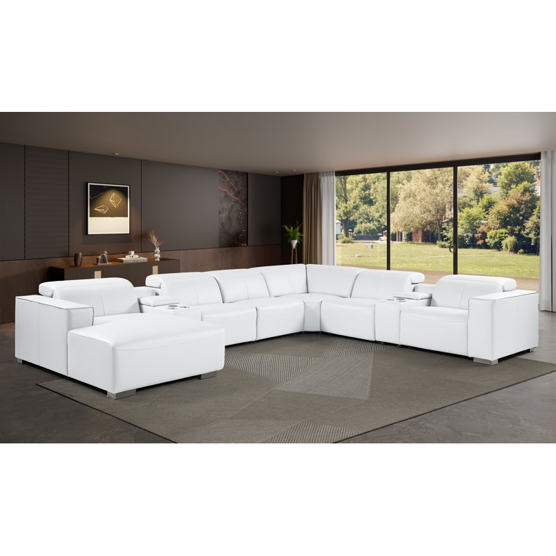 Canapé modulaire blanc en L en cuir véritable de 8 pièces faisant face à la gauche avec 3 fauteuils inclinables électriques et appuis-tête réglables