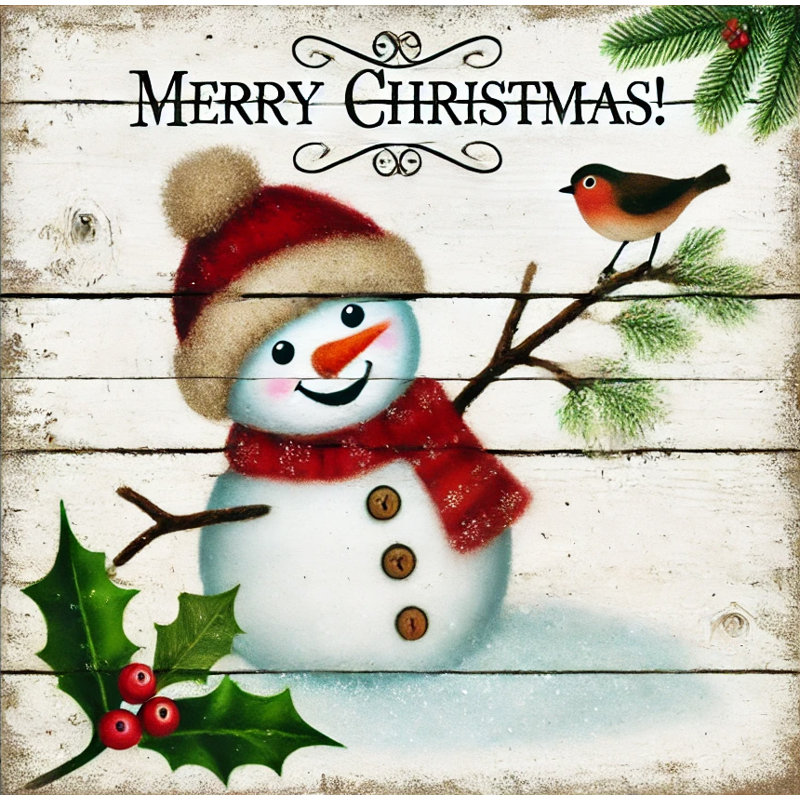 Cheery Snowman with Robin - art mural festif, H 12 po x l 12 po x P 1 po