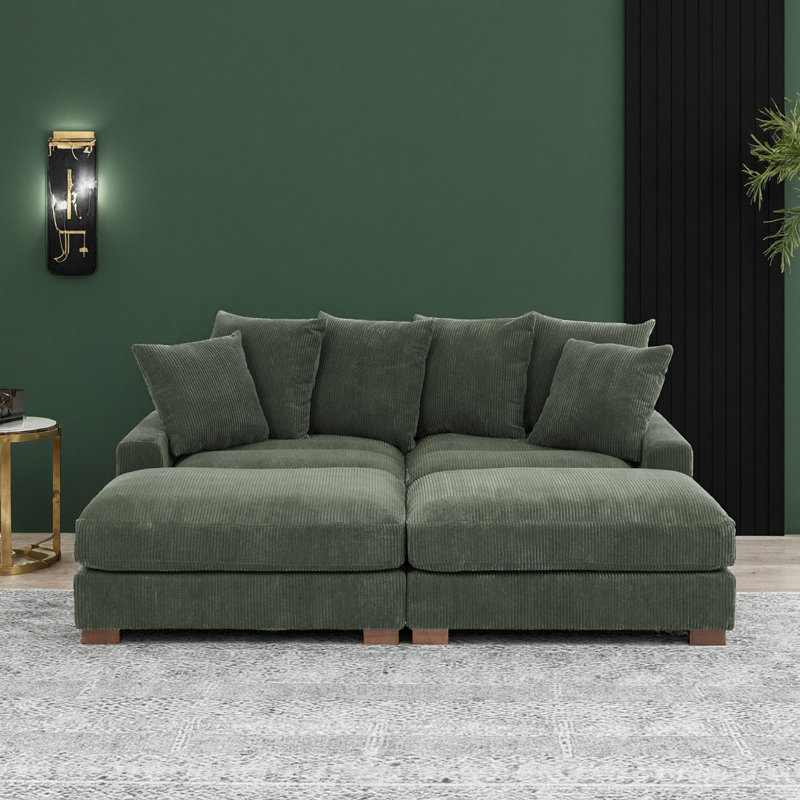 Canapé modulaire en velours côtelé vert antique 86 po avec pieds en bois massif Sage pour un confort 4 places