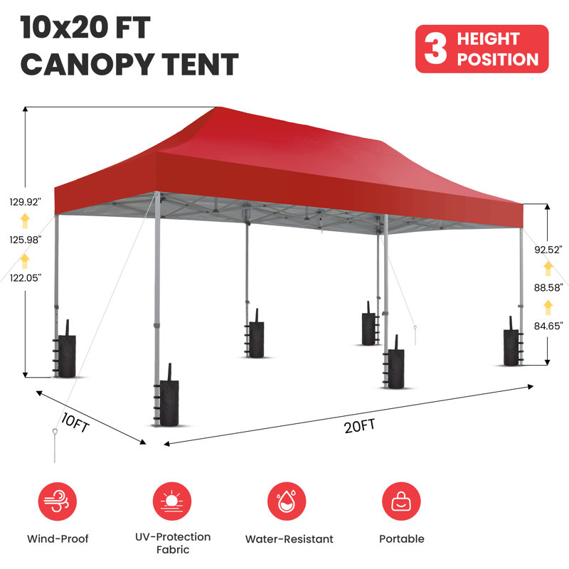10X20 Pop-Up Canopy Tent With 3 Adjustable Heights, Outdoor Gazebo Canopy Tent, Patio Event Tents With Sandbags And Wheel Carrying Bag For Camping, Parties,Outdoor Events-Red
