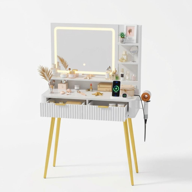 Petit bureau de maquillage avec miroir et lumières, 3 modes de couleur, bureau de coiffeuse cannelé avec tablettes de rangement et 2 tiroirs, coiffeuse avec station de charge intégrée, coiffeuse moderne pour chambre à coucher.