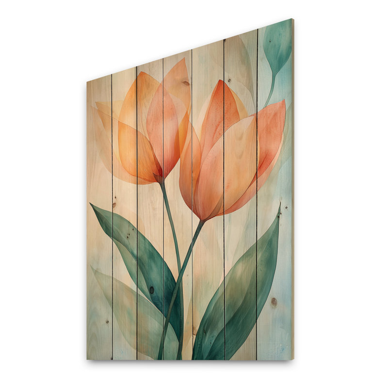 Mélodie silencieuse de tulipe I - impression traditionnelle en bois orange sur bois de pin naturel