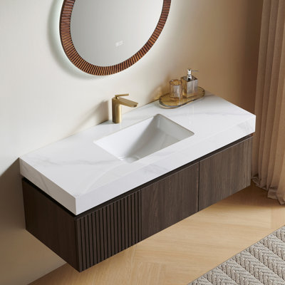 Muri 48" Bathroom Vanity&sink, Floating Plywood Storage Cabinet With Drawer&doors, Carrara White Sintered Stone Top&ceramic Basin With 1 Pre-drilled Faucet Hole, Pre-assembled, Espresso Woodgrain