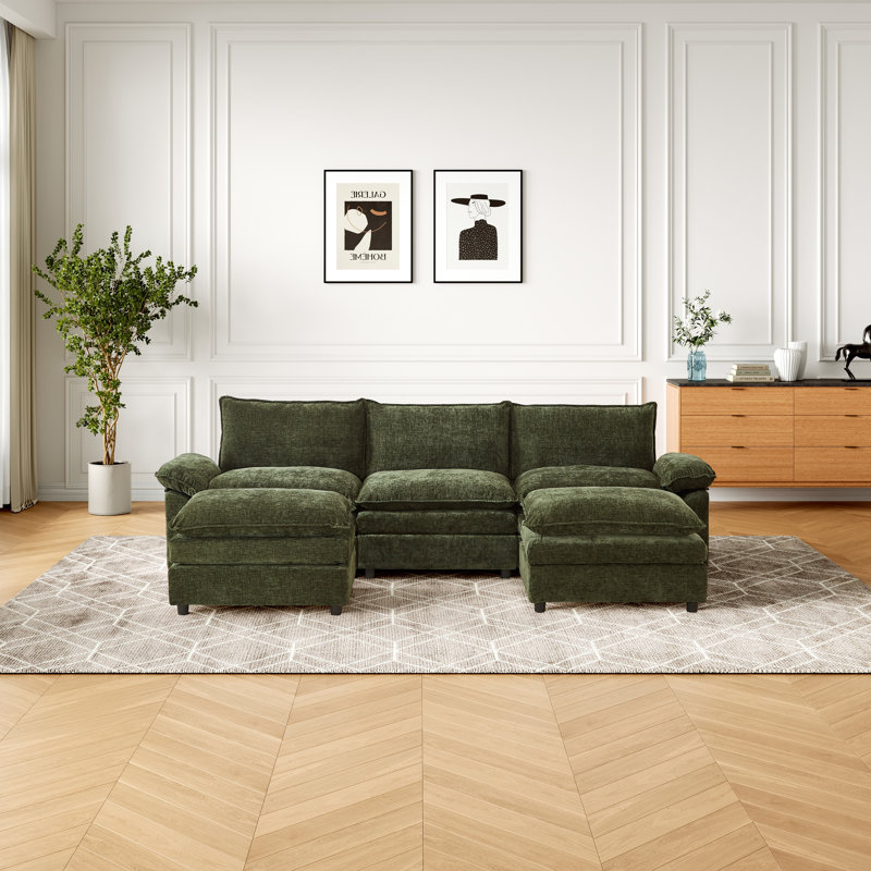 Canapé 113,58 "en chenille rembourré, canapé Cloud avec 2 repose-pieds, Chenille verte