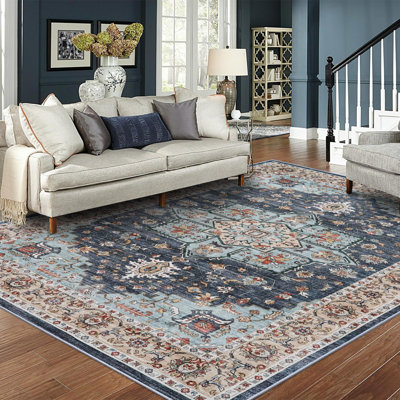 Tapis oriental lavable - Tapis pour le salon Tapis moelleux pour la chambre à coucher Imperméable à l'eau floral patiné intérieur résistant aux taches sans perte de poils (bleu / bleu sarcelle / orange)