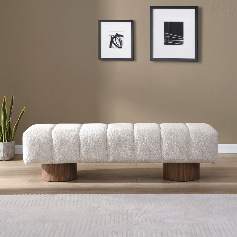 Marlon Dining Bench With Wooden Base, Ivory, 18" H x 64" W x 16.75" D