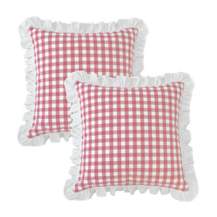 Throw Pillow Covers Set Of 2 With Retro Ruffle Flounces Trim Plaid Decorative Pillow Cases For Home Decor 18X18 Inch