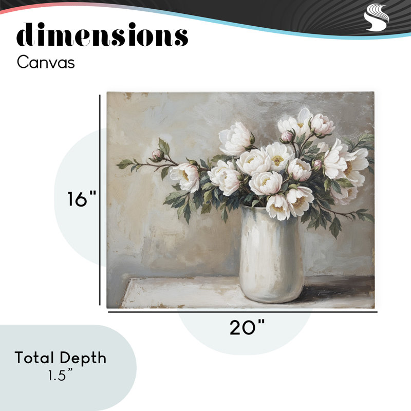 Fleurs blanches dans un vase nature morte, design par lettré et doublé, H 16 po x l 20 po
