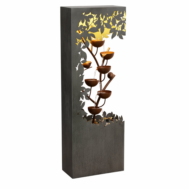 Metal Flower Bowl Outdoor Fountain with Warm White LED Lighting - Outdoor, Gray
