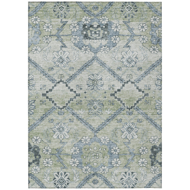 Tapis extérieur lavable floral 8 po x 10 po vert denim et artichaut
