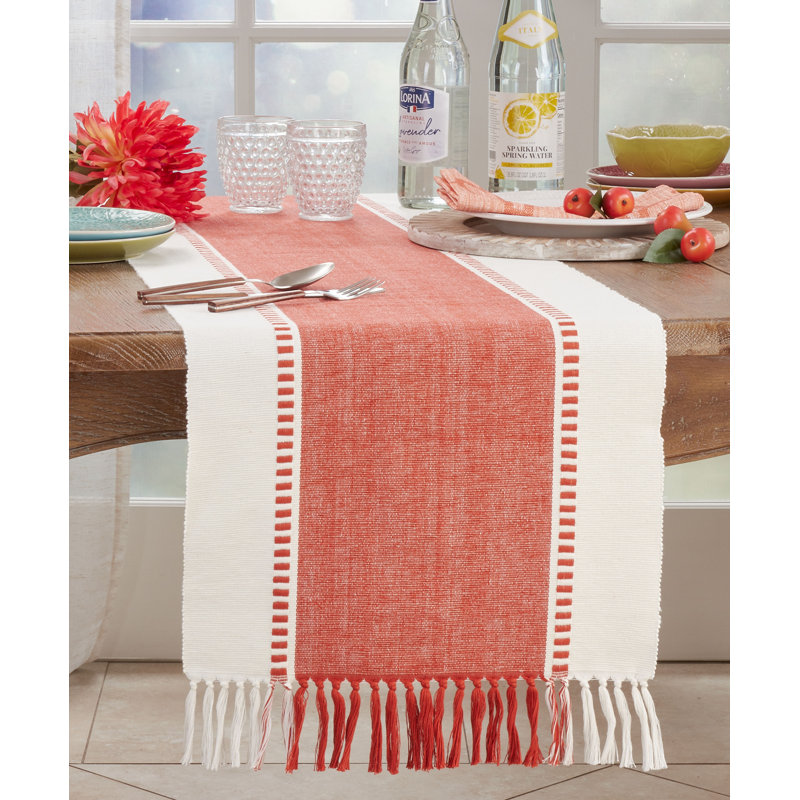 Striped Cotton Table Runner with Tassel Fringe – Woven Neutral Table Décor for Modern, Farmhouse, Boho & Coastal Homes