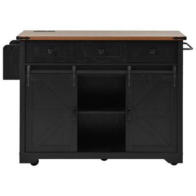 53.7" Farmhouse Kitchen Island With Power Outlet, 2 Sliding Barn Door Kitchen Storage Island With Drop Leaf