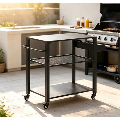 Rolling Outdoor Grill Prep Cart with Lockable Wheels, 3-Tier Steel Mobile Pizza Oven Table with Side Storage Rack & Push Handle
