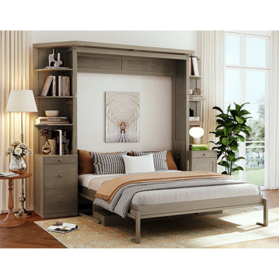 Grand lit pliable grand format avec bureau, tablettes de rangement et armoires, comprenant un lit mural dissimulé