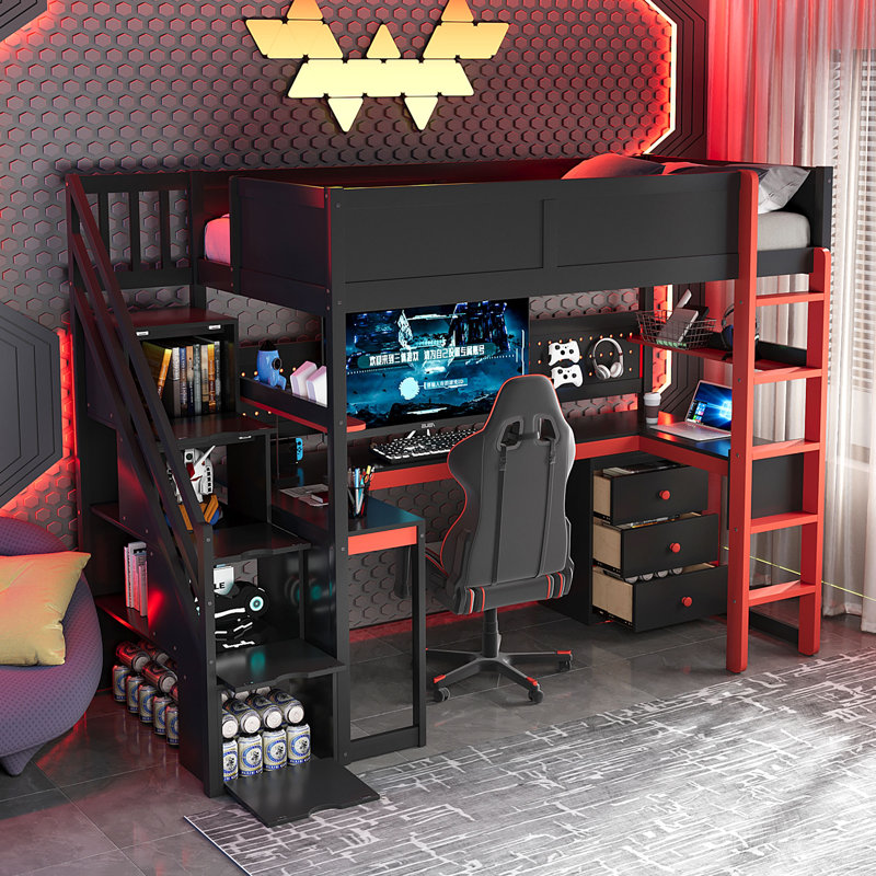 Aline Wooden Gaming Loft Bed with Storage Stairs, Desk, Shelves and Pegboard, Twin, Red/Black