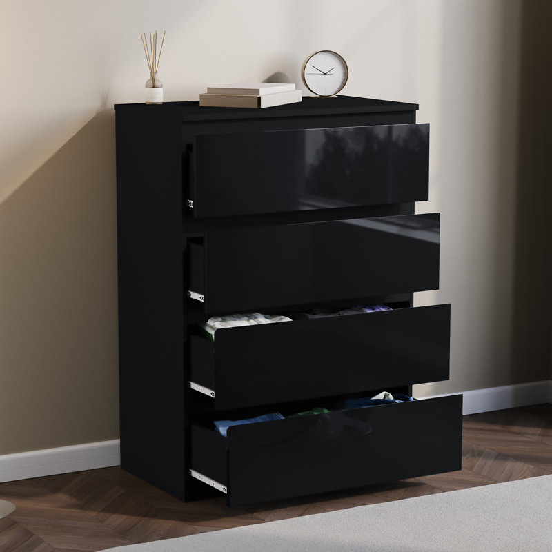 Oslo 4 Drawer High Gloss Chest, (FSC 100%) Bedroom Home Storage Furniture, Black