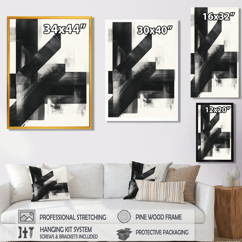 Géométrie monochrome noir et beige - Angles I - Formes abstraites - Tableau encadré, H 32 po x l 16 po, Black Picture Framed