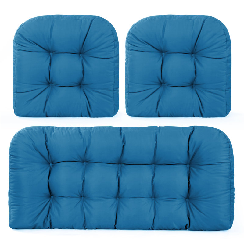 Three-piece rattan chair cushion set, waterproof and UV-resistant, with non-slip bottoms, suitable for outdoor patio furniture cushions—Blue