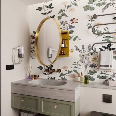 Armoire à pharmacie ronde de 31,5 pouces avec cadre en métal avec miroir et tablettes réglables en or mat pour la salle de bain, technologie de galvanoplastie, tablettes à fixation en surface, style moderne, fabrication de tablettes
