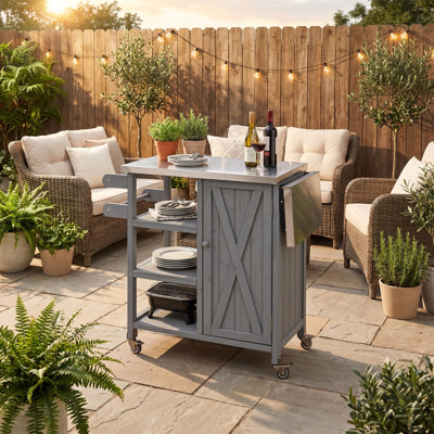 Îlot de cuisine pliable pour l'extérieur avec plan de travail en acier inoxydable, structure en bois de sapin, armoire de rangement et porte-serviettes pour patio, balcon, cour arrière