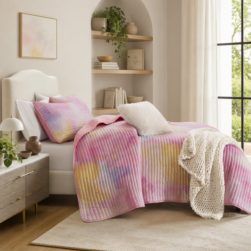Ensemble de courtepointe imprimé tie-dye aquarelle 4 pièces pour lit double/queen avec coussin décoratif