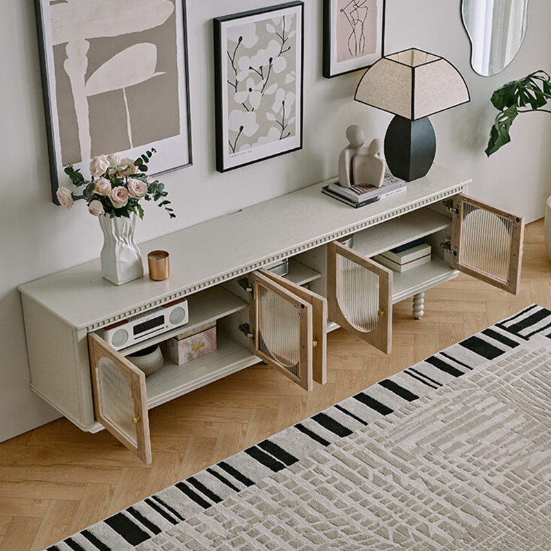 Meuble télé en bois massif de style crème rétro, 70.86"