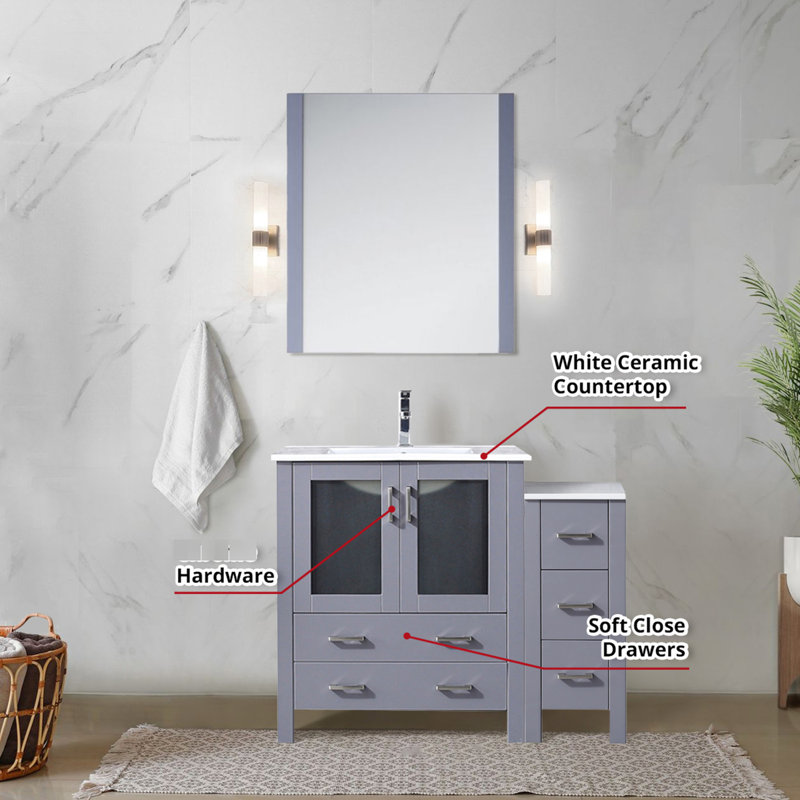 42 po W Meuble-lavabo gris foncé avec compartiment pour tablette latérale, lavabo en céramique blanche, robinet et miroir mural à 28 tiroirs - tiroir performance à long terme, utilisation