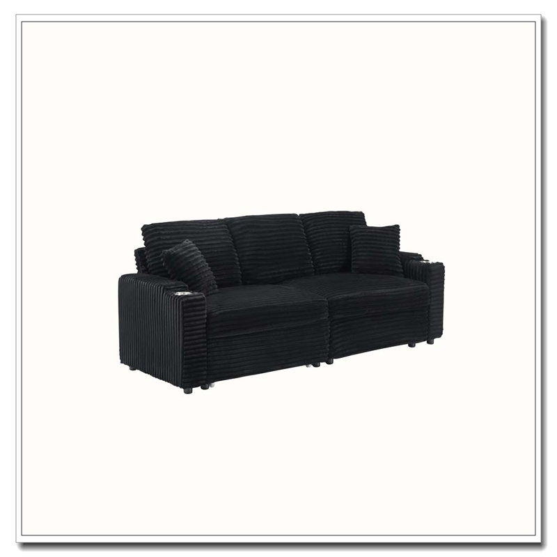 80" Corduroy Folding Sofa with Cup Holder and Pillow, Black