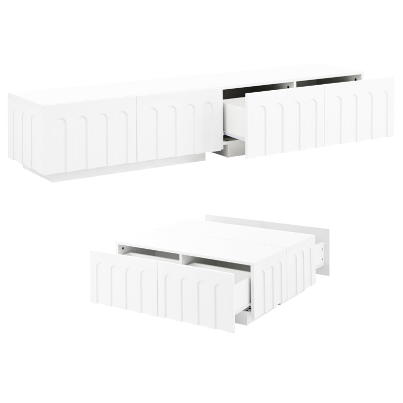 Élégant meuble télé blanc et duo de tables basses, console multimédia à double usage avec tiroirs arqués, mobilier polyvalent pour la maison, 8 tiroirs spacieux, conçu et assemblé, le design ajoute