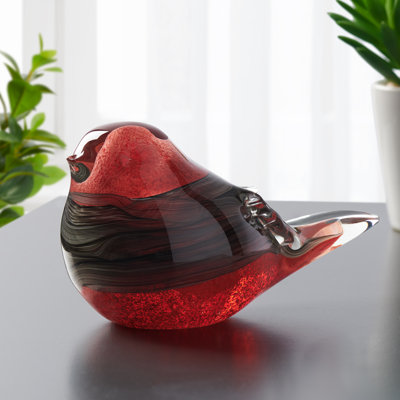  Rupena Hand Blown Red & Black Glass Paperweight Bird Figurine