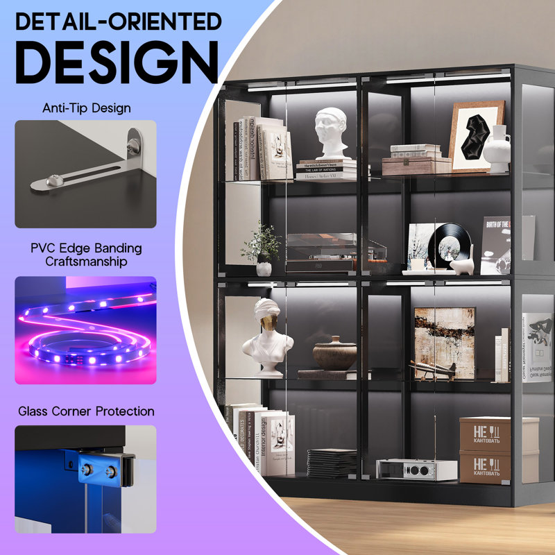 Vitrine RVB avec tablettes réglables en verre trempé, étui de rangement à 4 niveaux avec lumières DEL et portes à pression, tablette moderne pour objets de collection, noir 