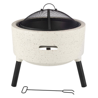 Outdoor Fire Pit - 21” Round Faux Concrete Firepit - Wood Burning Fire Pit with Poker, Screen, Cover - Wood Fire Pits for Outside Patio by Pure Garden