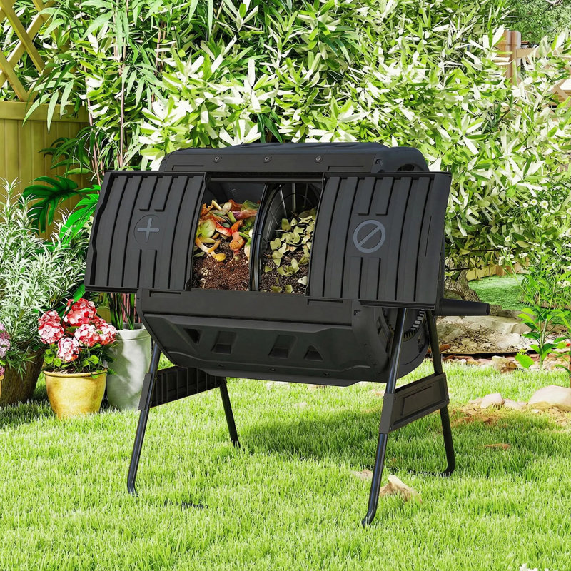 Composteur d'extérieur 53 gallons, composteur culbuteur à double chambre avec évents réglables, sans Bpa, noir