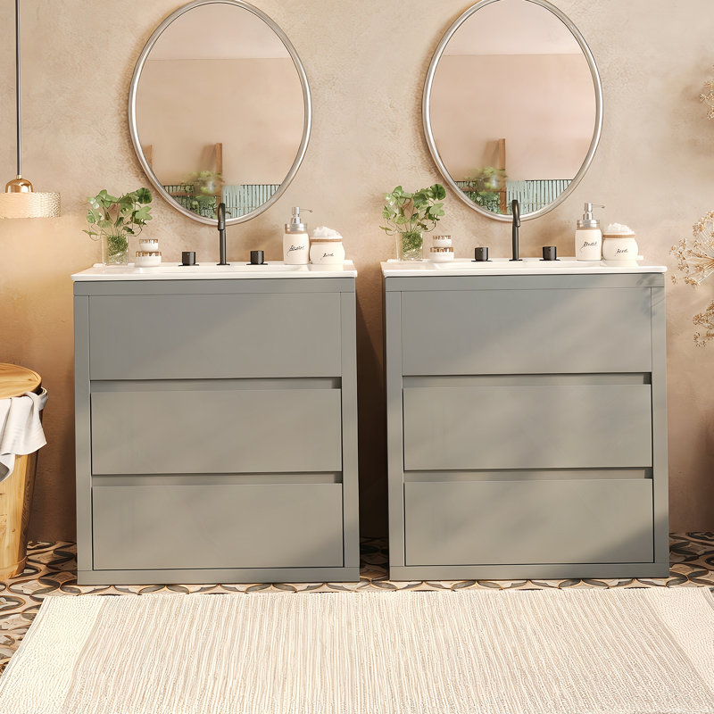 Ensemble de meuble-lavabo double avec tiroirs à extension complète, glissières à fermeture en douceur et matériaux de haute qualité pour une fonctionnalité de salle de bain améliorée