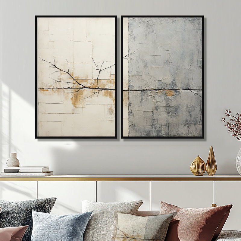 «Grey and White Nature Split - Abstract Shapes Large», art mural, Noir, H 36 po x l 48 po, Impression encadrée flottante