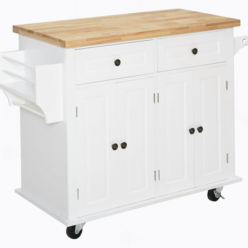 Kitchen Island On Wheels, Rolling, Rubberwood Top, Spice Rack, Towel Rack, Drawers, White, White