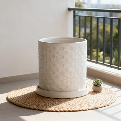 Pot de fleurs en céramique de 8 pouces avec trou de drainage et soucoupe - Pot à fleurs cylindrique moderne pour plantes d'intérieur et d'extérieur - Finition lustrée cuite - Comprend un filet en filet