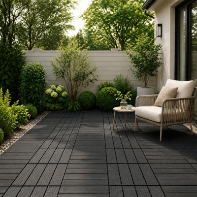 44-Pack 12" x 12" Dark Gray Plastic Interlocking Deck Tiles, Waterproof All-Weather Patio Flooring for Backyard, Pool, and Balcony