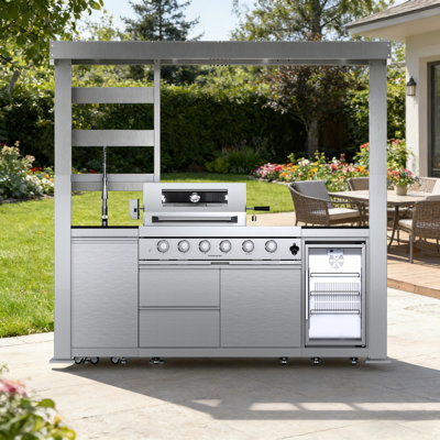 97" Outdoor Kitchen Island With 4-Burner 72,000 BTU Gas Grill, Built-In Refrigerator, Rotisserie, Granite Countertop & Storage Cabinets