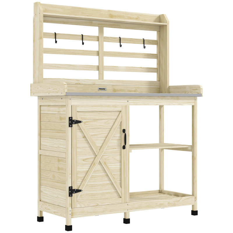 Table de rempotage d'extérieur en bois, poste de travail de jardin avec armoire de rangement, tablettes de rangement pour la cour, le patio, le balcon, naturel